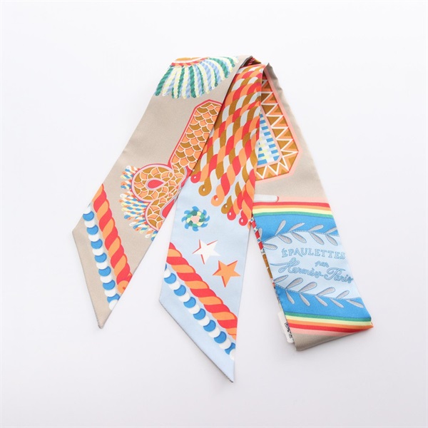 HERMES Twilly EPAULETTES DE GALA ribbon Scalr silk Beige Multicolor Used Women