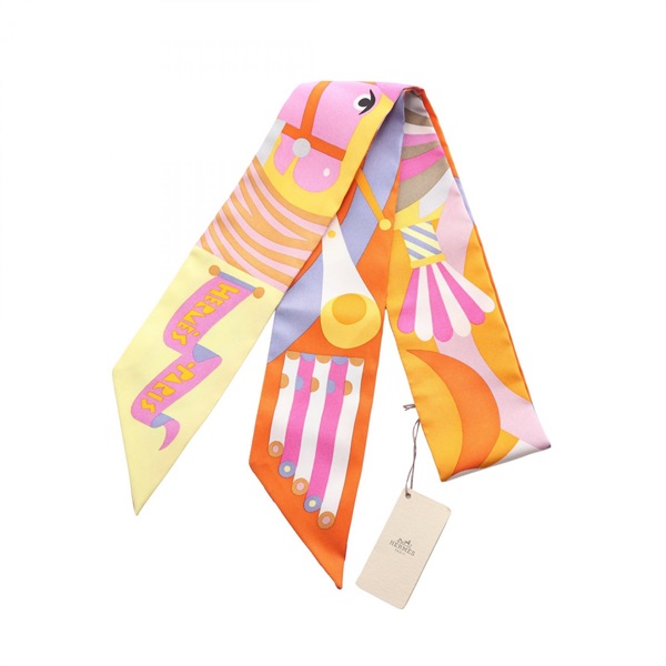 HERMES Twilly Parade en Fanfare Ribbon Scarf silk Orange Multicolor Used Women