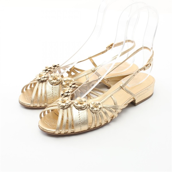 CHANEL CC Camelia Sandals Shoes G37005 leather Gold Used Women Coco #36 1/2C