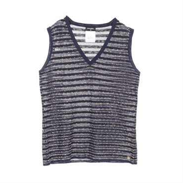 CHANEL CC Vest P50867K6532 Rayon cotton Nylon Navy Beige Used Women Coco #38