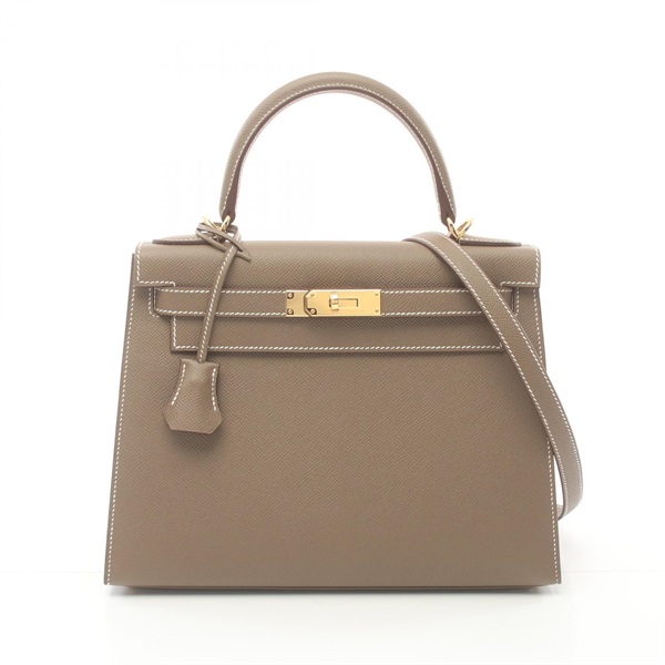 HERMES Kelly 28 Shoulder Hand bag H042319CC Epsom GHW Etoupe Grey Used Women