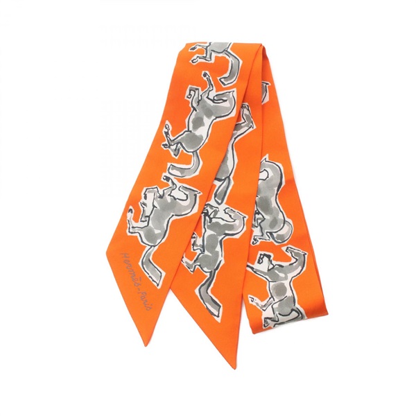 HERMES Twilly CHEVAUX EN LIBERTE Scarf silk Orange Multicolor Used Women