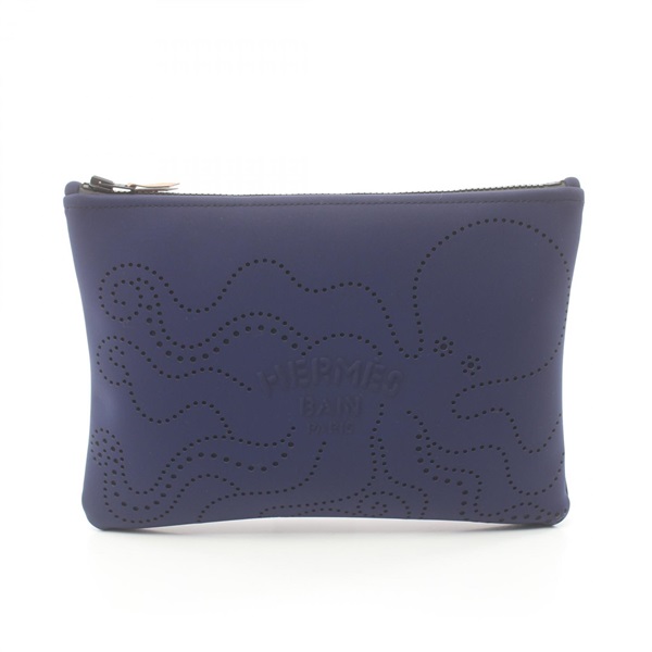 HERMES Neobain MM Pouch Neoprene Nylon Navy Used Women