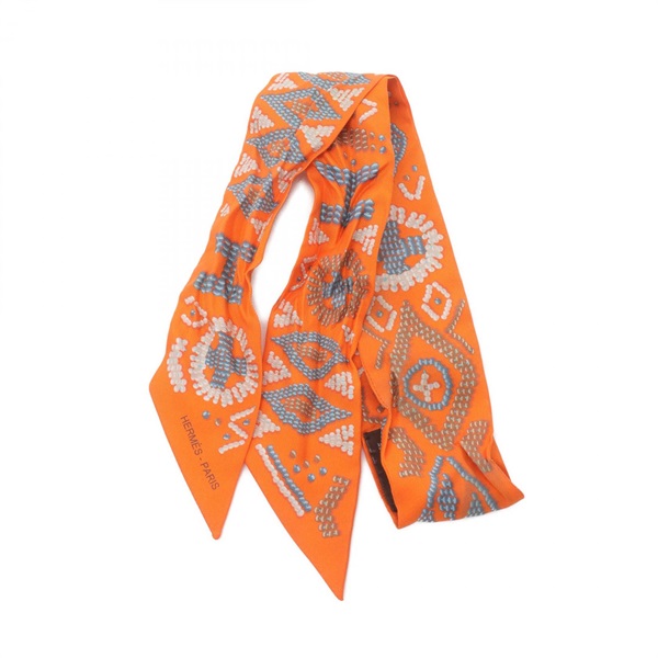 HERMES Twilly KELLY EN PERLES Scarf long echarpe silk Orange Multicolor Orange