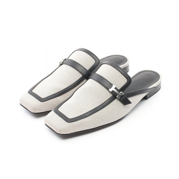 HERMES Groovy Mules leather Fabric White Black Used Women #36