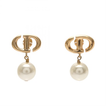 Christian Dior CD logo Pierced earrings Gold Plated Artificial pearl White Used