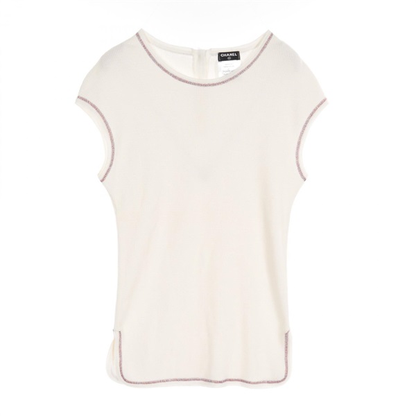CHANEL COCO Mark button knitwear #36 sleeveless P42945 cotton cashmere White