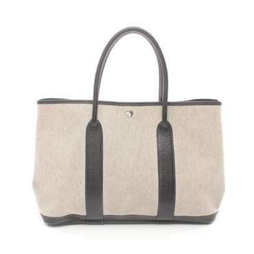 HERMES Garden party PM Tote Bag Toile H leather Black Beige Used Women H SHW