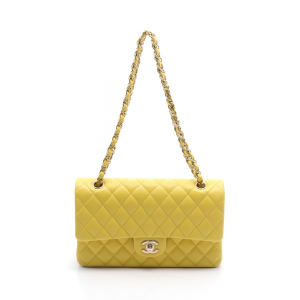 CHANEL Matelasse W flap chain Shoulder Bag A01112 Caviar Skin Yellow Used GHW