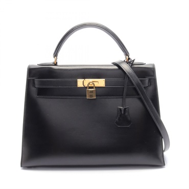 HERMES Kelly 28 Shoulder Hand bag Box calf leather Calfskin GHW Black Used Women