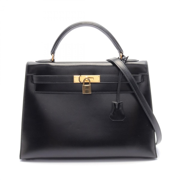 HERMES Kelly 28 Shoulder Hand bag Box calf leather Calfskin GHW Black Used Women