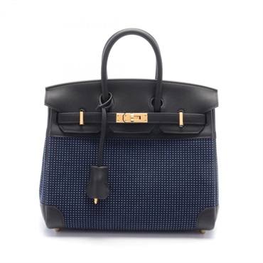HERMES Birkin 25 Hand bag Swift leather Toile Quadrille GHW Blue egee Black Used
