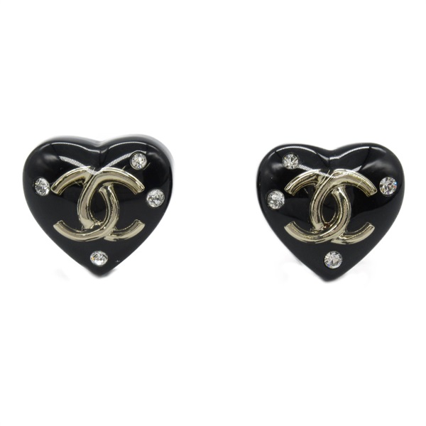 CHANEL CC Heart Pierced Earrings Plastic plating Black GHW Champagne Used Coco