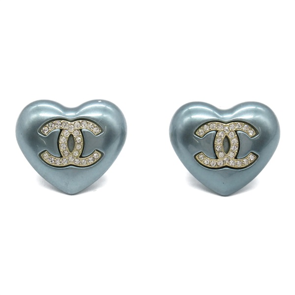 CHANEL CC Heart Pierced Earrings Plastic plating Blue Used Coco