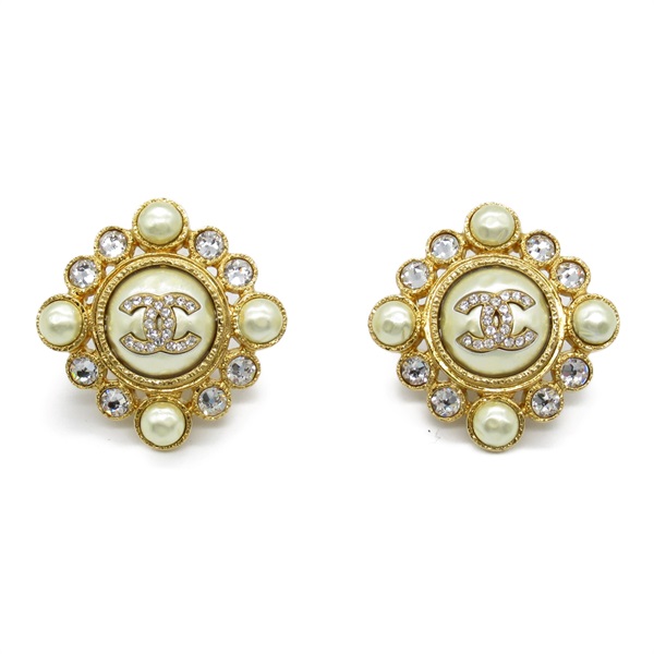 CHANEL CC Earrings Metal GHW Artificial pearl White Used Coco