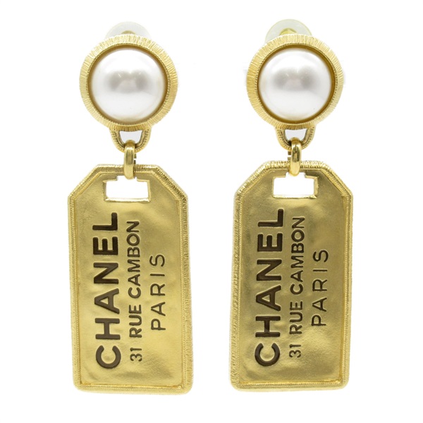 CHANEL CC Plate Earrings Metal GHW Artificial pearl White Used Coco