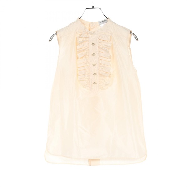 CHANEL blouse sleeveless Tops P29514 silk Beige Used Women size 34 CC Coco