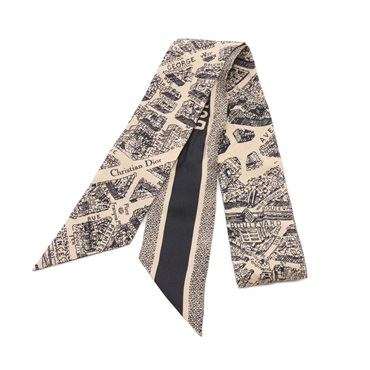 Christian Dior Plan de Paris Mitzah long echarpe Scarf silk Beige Black Used