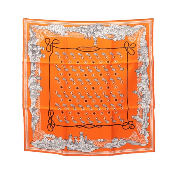 HERMES Carre 55 Les Canyon sEtoiles Scarf echarpe silk Orange Multicolor Used