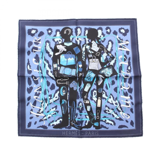 HERMES Petit Carre 45 MONSIEUR ET MADAME Scarf echarpe silk Navy Multicolor Used