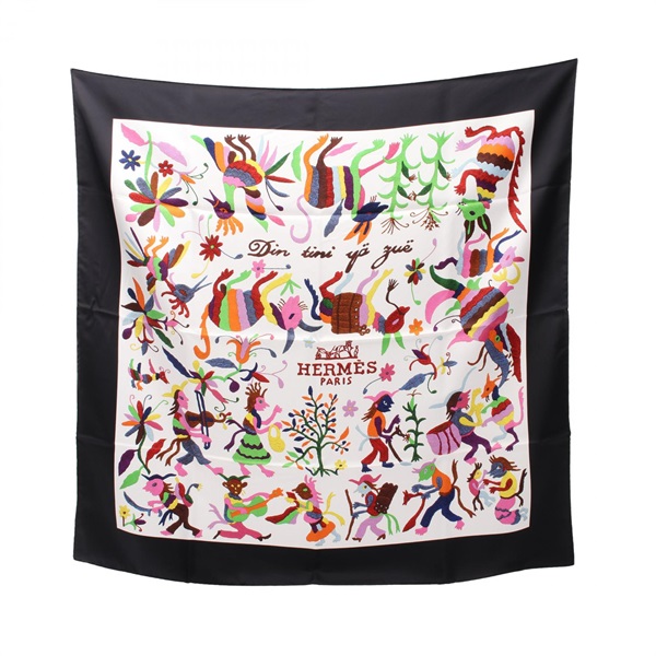 HERMES Carre90 Din Tini Ya Zue Scarf silk White Black Multicolor Used Women