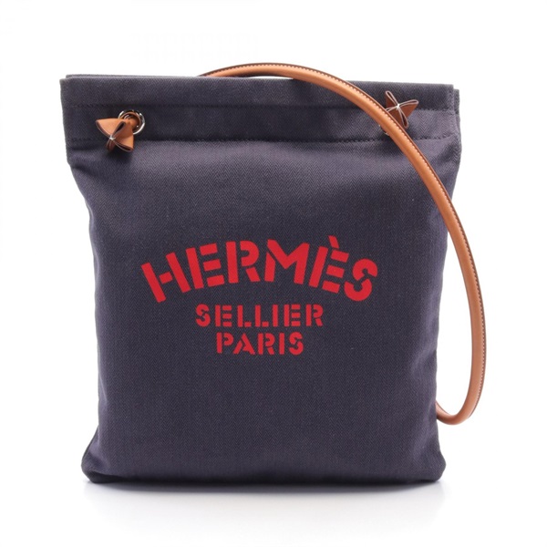 HERMES Arena MM Shoulder Bag A Toile Chevrons leather Navy Brown Used SHW