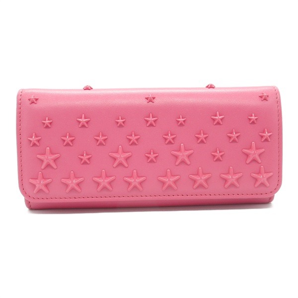 JIMMY CHOO Star studs zip long wallet Bifold purse Calfskin Pink Used