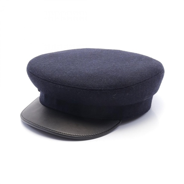 HERMES Casquette hat 53cm bonet cap wool leather Navy Black Used