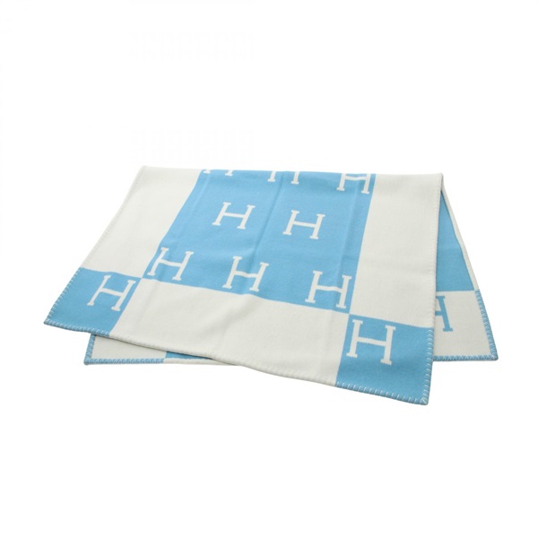 HERMES Baby blanket Avalon wool cashmere Blue White Used Women