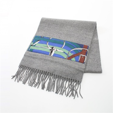HERMES Patch de Soie Scarf silk cashmere Gray Blue Multicolor Used Women