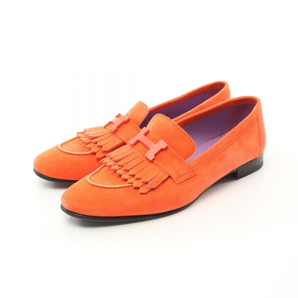 HERMES Paris Moccasin Shoes Flat Suede Orange Used Women size 37