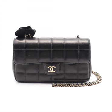 CHANEL Chocolate Bar Camelia Shoulder Bag A16780 Lamb leather Black Used GHW CC