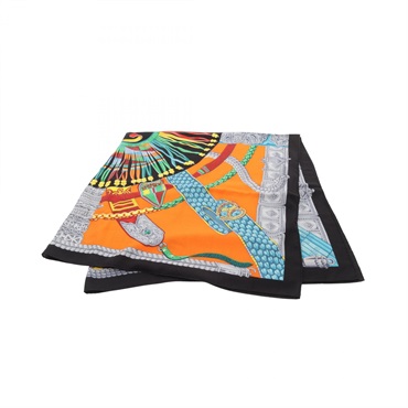 HERMES Carre140 Scarf wrap silk cashmere Black Orange Used Women