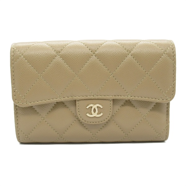 CHANEL Matelasse tri-fold compact wallet purse AP0232 grained Calf Beige GHW