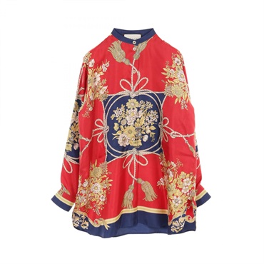 GUCCI Floral print blouse chemise #36 shirt 550600 silk Red Navy Multicolor Used