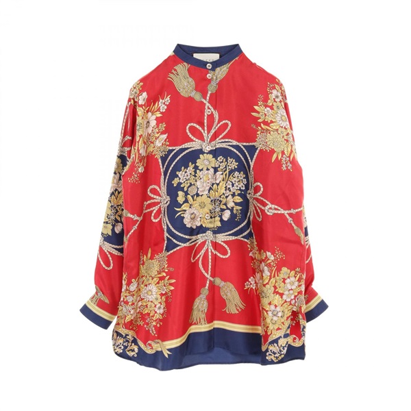 GUCCI Floral print blouse chemise #36 shirt 550600 silk Red Navy Multicolor Used