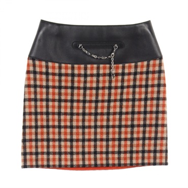 HERMES skirt jupe mini #34 charm 3H0322DE cashmere wool leather Orange Black
