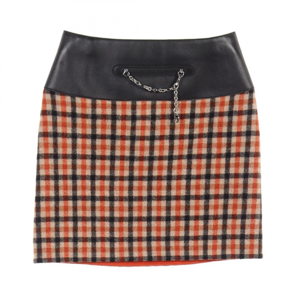 HERMES skirt jupe mini #34 charm 3H0322DE cashmere wool leather Orange Black