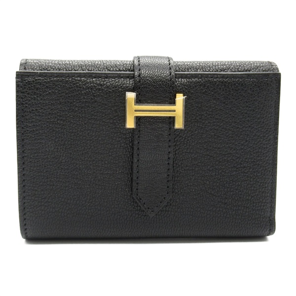 HERMES Bearn Combine Tri-fold compact Wallet purse B Chevre leather Black GHW