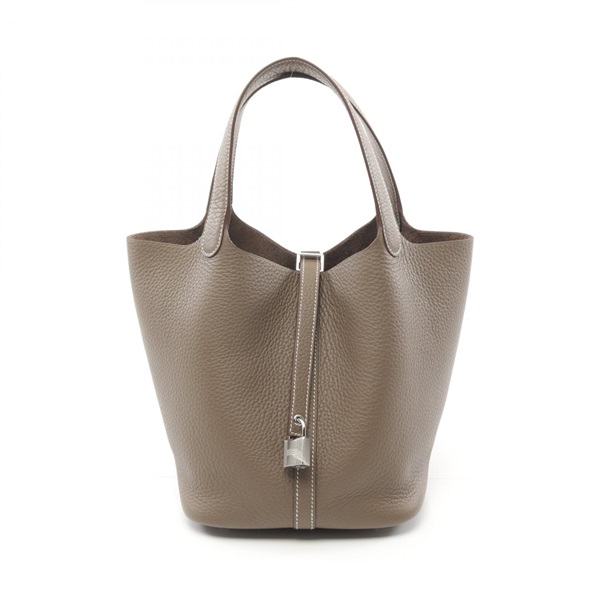 HERMES Picotin Lock MM Hand bag W Taurillon Clemence Etoupe Grey SHW