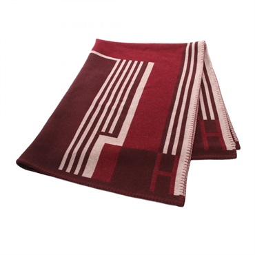 HERMES Plaid Itaque blanket wool cashmere Bordeaux white Used Women