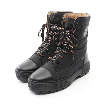 HERMES fresh short lace-up boots shoes #38.5 leather Fabric Black Used