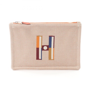 HERMES Fauve Corner PM Flat Pouch bag canvas Beige Orange Ficelle Used Women SHW