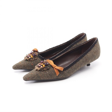 PRADA pumps Heels Shoes Fabric Khaki Black Multicolor Used Women #35 1/2