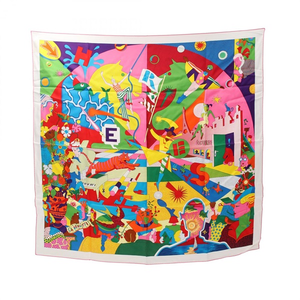 HERMES Carre 90 Ca Decoiffe! Scarf silk White Multicolor Used Women