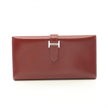 HERMES Bearn Dupli Tri-fold long wallet purse G Box calf leather Rouge H SHW