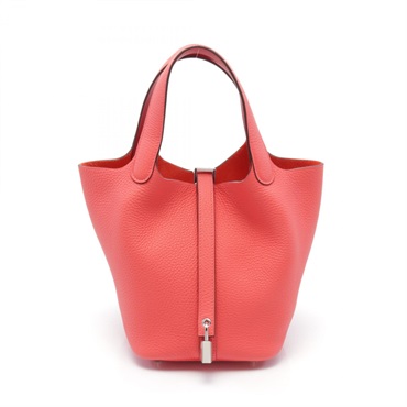 HERMES Picotin Lock Eclat PM Handbag Clemence leather Red Rose texas Used W SHW