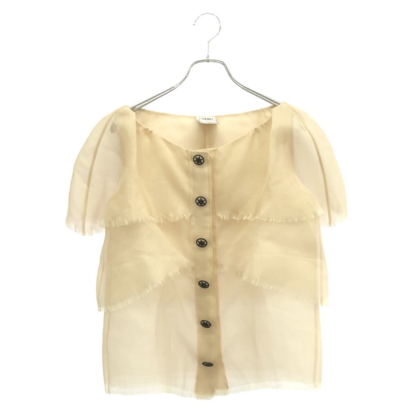 CHANEL blouse Shirts Tops P32911V23066 silk Beige Used Women size 38 CC Coco