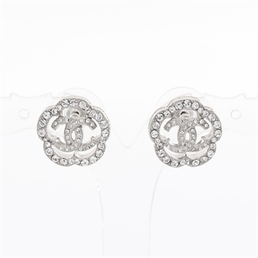 CHANEL Camellia COCO Mark Pierced earrings Stainless Steel Rhinestone Used women