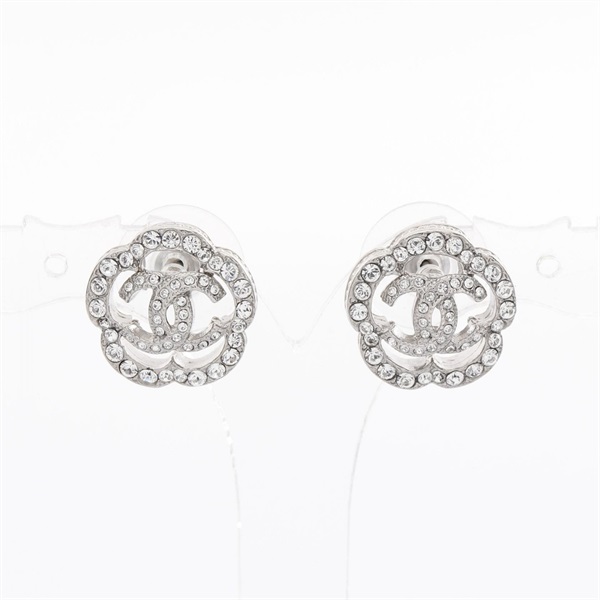 CHANEL Camellia COCO Mark Pierced earrings Stainless Steel Rhinestone Used women